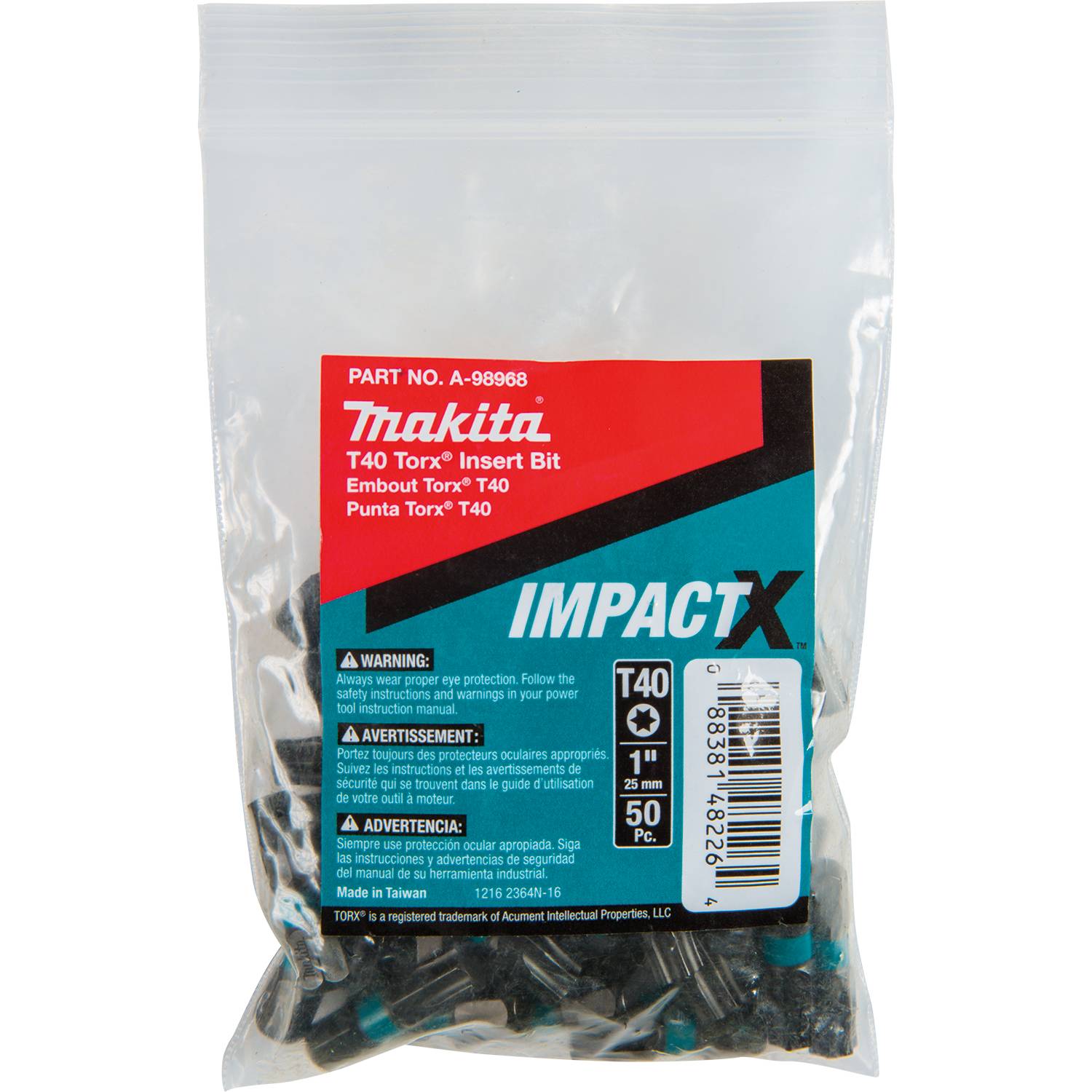 Makita A-98968 ImpactX T40 Torx 1-In Insert Bit, 50-Pack, Bulk